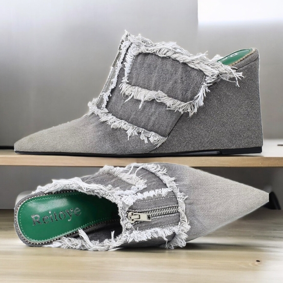 Reitoye Women's Slide Wedge Denim Close Pointed Toe Heels Sandals, 9 - Picture 3 of 16